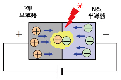 LED是將電子(具備負電性質)多的N(－：negative)型半導體與電洞(具備正電性質)多的P(＋：positive)型半導體為之接合的元件。加入順向電壓於此半導體後，電子與電洞將移動、於接合部再結合，此一再結合能量變成光並放出。